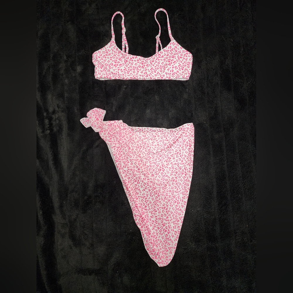 Pink Leopard Print Bikini Top And Wrap